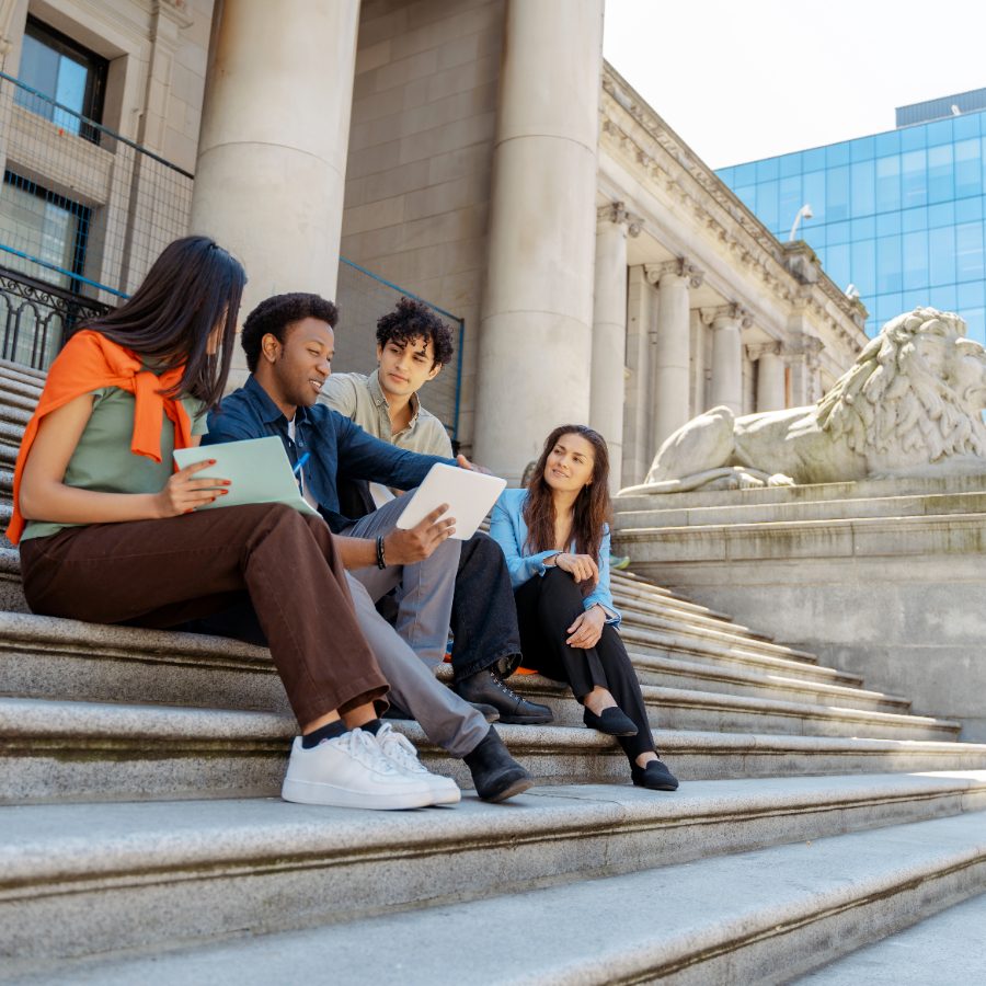 Students talking on campus steps