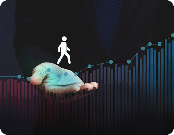 A person icon walking above a business growth chart held in a hand, symbolizing customer journey analytics and performance acceleration