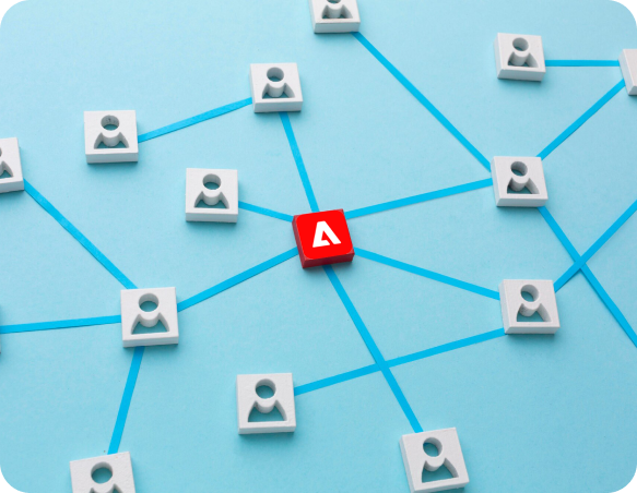 Adobe Target icon connected to user network on a blue background
