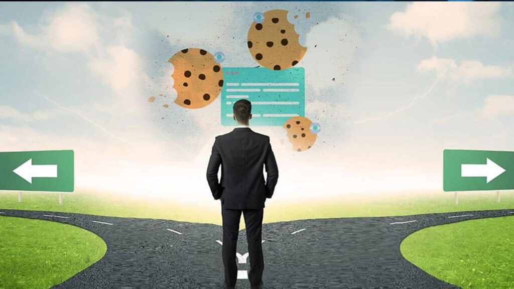 First Party Cookie vs Third Party- Rise of First Party Data A marketer standing at a crossroads with cookie icons, symbolizing the shift from third-party cookies to first-party data strategies.