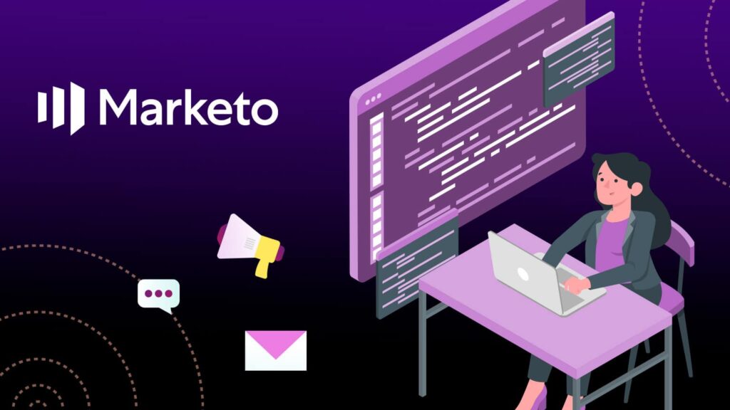 Illustration of Marketo Velocity scripting showing a marketer coding personalized email content on a laptop with marketing icons.